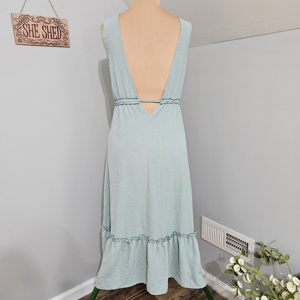 Cupshe Sage Green V-Neck Open Back Ruffle Hem Maxi Dress Large Swim Cover Beachy - Picture 3 of 12